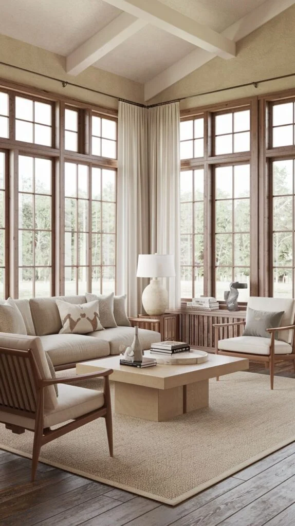 Grand living room with a vaulted ceiling and expansive, multi-paned windows framed in warm natural wood, filling the entire wall; seating is neutral and centered around a large square light wood coffee table.