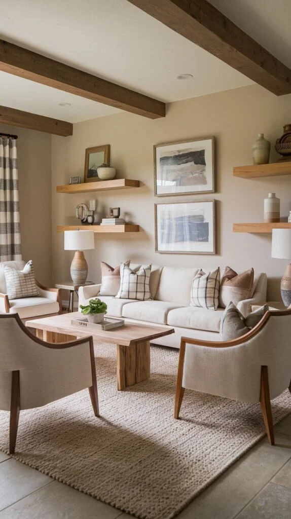 Intimate seating area with wood ceiling beams, featuring symmetrical light wood floating shelves displaying ceramic objects, a neutral sofa, and plaid patterned throw pillows and curtains.