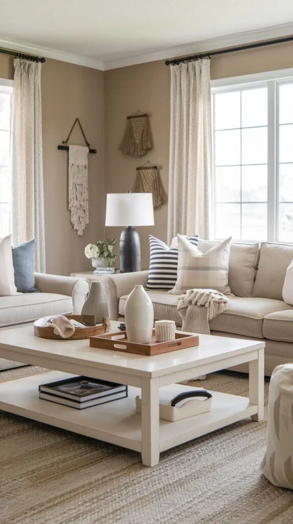 Bohemian farmhouse living space with tan walls, featuring three woven macrame wall hangings above a neutral sofa; centered around a white square coffee table with storage shelf.