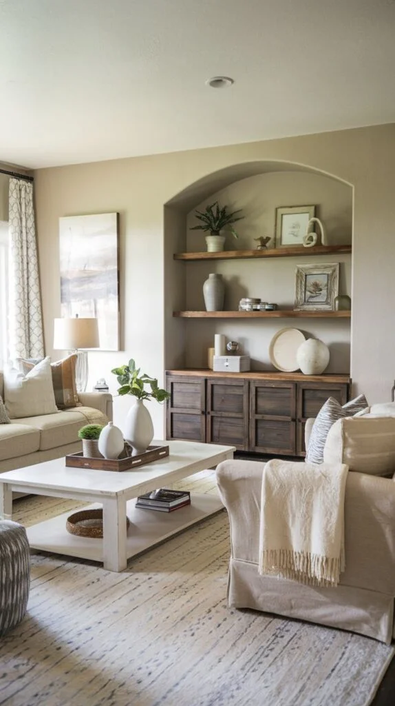 Living room featuring a custom recessed wall niche with an arch, showcasing natural wood floating shelves above a dark, rustic wood base cabinet, contrasting with the white coffee table and light seating.