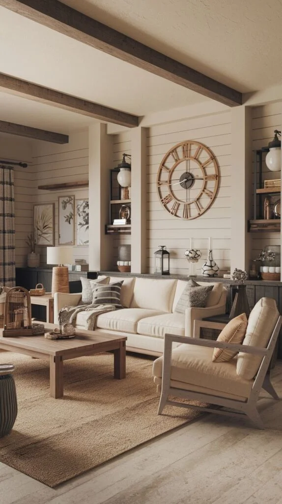Warm farmhouse living room with rough-hewn beams, wide horizontal shiplap paneling on accent walls, and an oversized rustic wooden clock serving as the main decorative focal point.