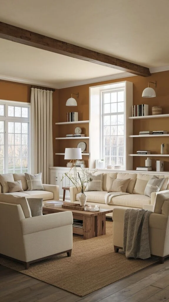 Inviting living room with saturated terracotta/orange-brown walls, featuring a single dark wood beam, white floating shelves, and an abundance of cream-colored, comfortable seating.