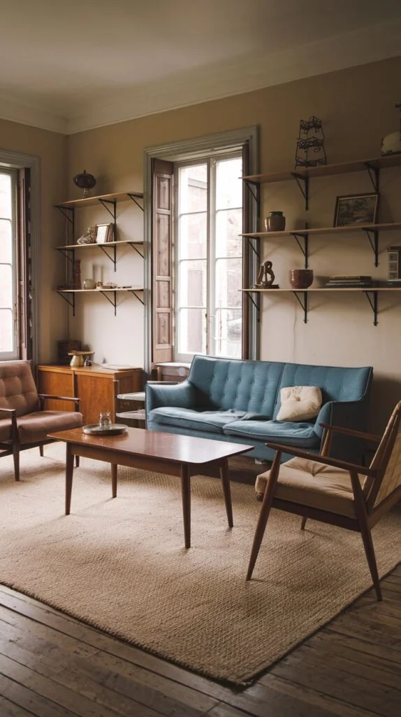 A cozy vintage living room with a prominent blue tufted sofa, two mid-century style brown armchairs, and a wooden coffee table. The room features large windows with wooden shutters and wall-mounted shelves, all set on a natural fiber rug over a wooden floor.