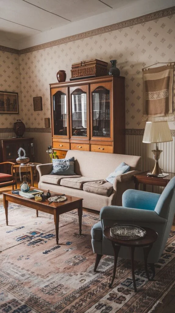 A cozy vintage living room displaying a light brown sofa, a soft light blue armchair, and a wooden coffee table. The room is enhanced by patterned wallpaper, a large wooden hutch filled with items, and a detailed oriental rug.