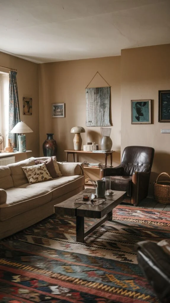 A cozy vintage living room featuring a light-colored sofa, a distressed brown leather armchair, and a rustic dark wooden coffee table. The space is decorated with artwork on light brown walls and grounded by a vibrant patterned rug.