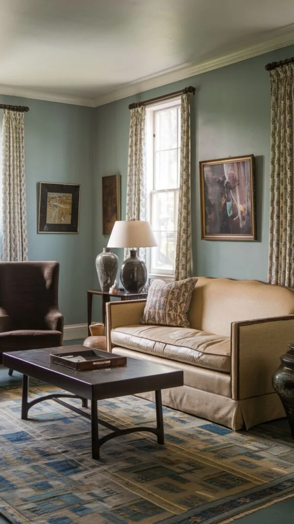 A cozy vintage living room with a tailored light brown sofa, a dark brown upholstered armchair, and a dark wooden coffee table. The room is painted a serene blue-green, features patterned curtains, and a rectangular rug with blue and yellow patterns.