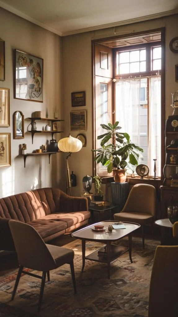 A cozy vintage living room bathed in natural light from a large window with sheer white curtains. It features a brown ribbed velvet sofa, two light brown upholstered chairs, and a small, oval coffee table, surrounded by numerous framed artworks and decorative shelves.
