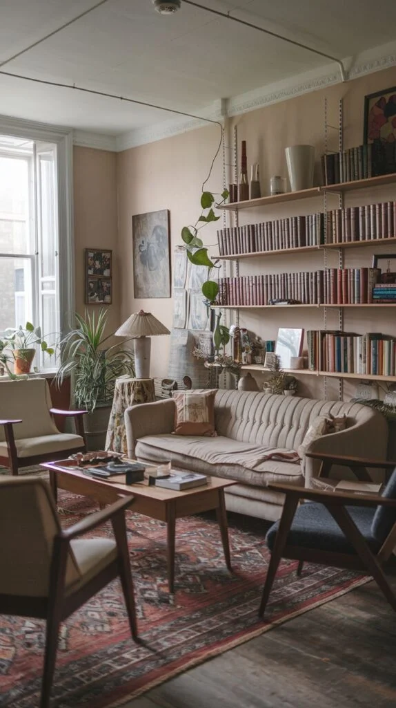 A cozy vintage living room or study space filled with a floor-to-ceiling bookshelf brimming with books. It includes a light-colored sofa, two wooden framed armchairs, and a wooden coffee table, all resting on a rich, patterned red rug.