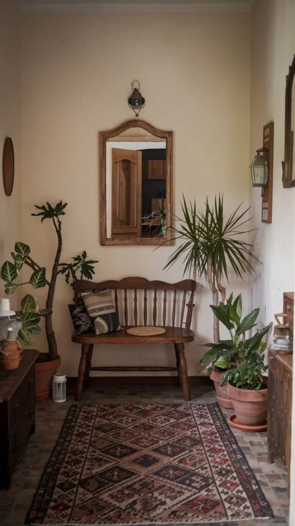 A cozy vintage entryway featuring a rustic wooden bench with pillows beneath a carved wooden mirror. The space is made lively by several potted plants, and a geometric patterned rug defines the area on the tiled floor.