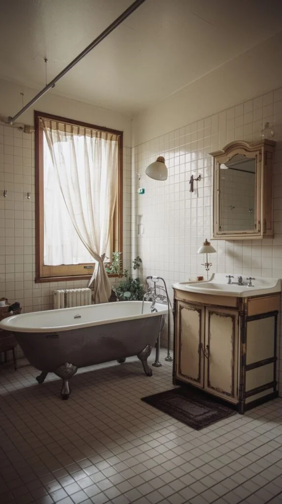 A cozy vintage bathroom featuring a classic gray clawfoot bathtub positioned under a large window with sheer curtains. The room has white tiled walls and floor, and includes a charming vintage vanity with a basin and a matching mirror.