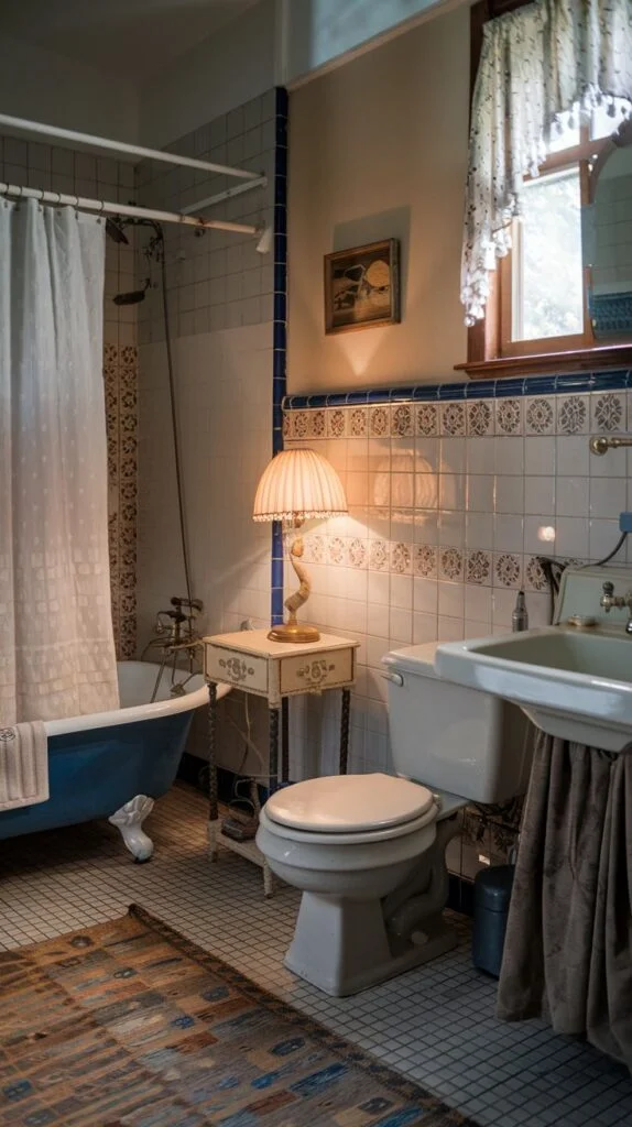 A cozy vintage bathroom with a striking blue clawfoot tub, a white toilet, and a sink. The tiled walls feature decorative patterns, and a patterned rug adds warmth to the floor, while a table lamp provides soft illumination.