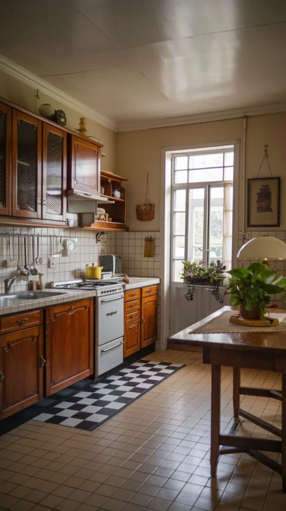 A cozy vintage kitchen with warm wooden cabinets, a classic white oven, and a black and white checkered floor mat. White tiled backsplash and a wooden dining table in the foreground complete the charming, functional space.