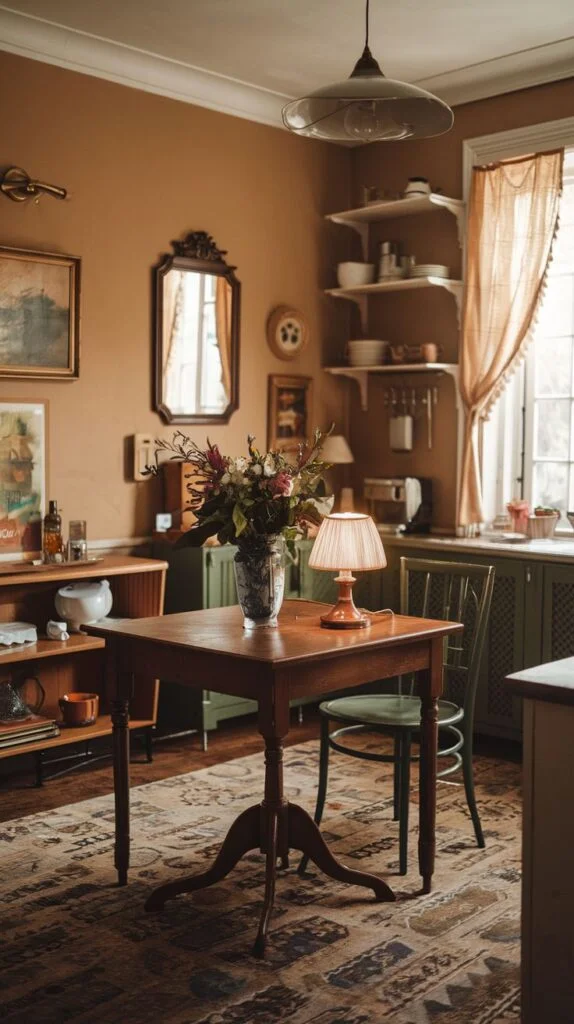 A cozy vintage kitchen or dining area featuring a central wooden table surrounded by green chairs, set on a patterned rug. The light brown walls are adorned with open shelving and artwork, creating a homey and functional space.