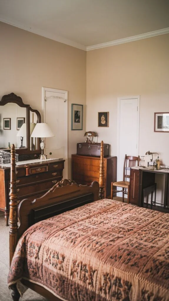 A cozy vintage bedroom furnished with a substantial wooden bed, a matching wooden dresser with an ornate mirror, and additional classic wooden furniture. The room has light-colored walls, creating a serene and traditional sleeping space.