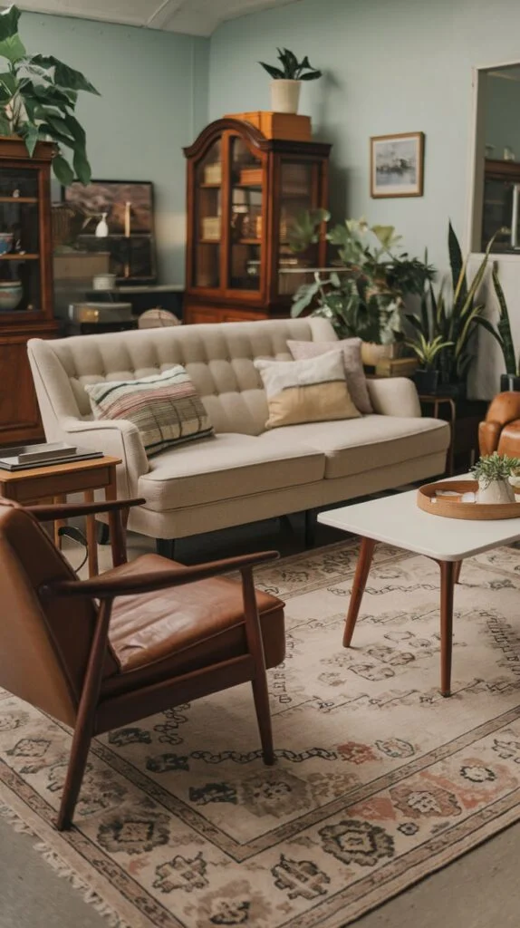A cozy vintage living room filled with lush green potted plants, featuring a light-colored sofa, a stylish brown leather armchair, and a modern white coffee table. Wooden display cabinets house various items, and a patterned rug softens the floor.