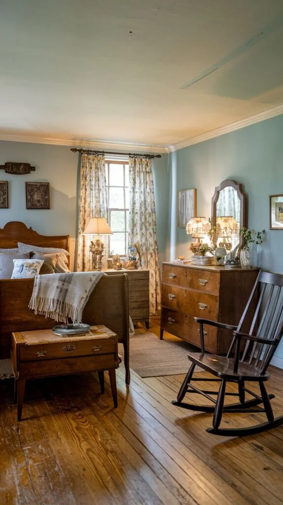 A cozy vintage bedroom featuring a dark wooden bed, a large wooden dresser with a mirror, and a classic wooden rocking chair, all on warm wooden floorboards. The light blue-green walls and patterned curtains contribute to a tranquil and inviting atmosphere.