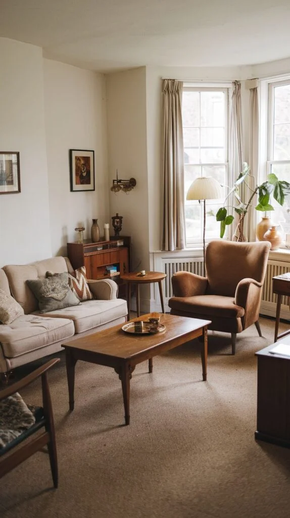 A cozy vintage living room centered around a light-colored sofa and a comfortable brown armchair, with a wooden coffee table. The room boasts large bay windows that let in ample light, and a soft carpet covers the floor, enhancing its inviting atmosphere.