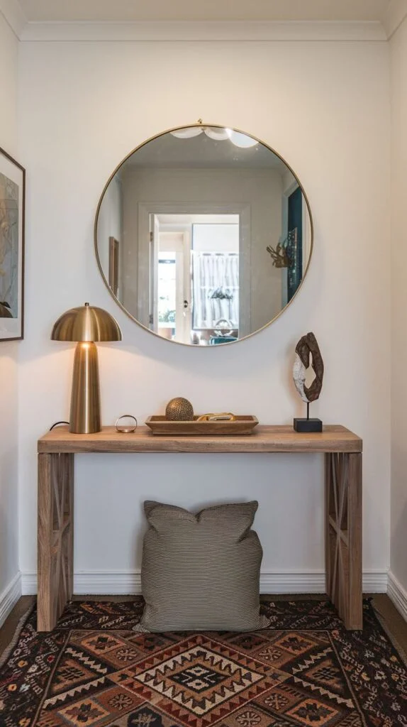 A dazzling hallway in an apartment with a wooden console table adorned with a gold lamp and decorative objects. A large round gold-framed mirror hangs above the table, and a rich, patterned rug defines the space.