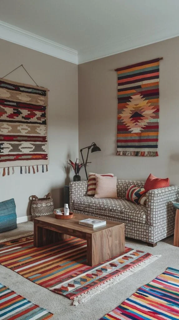 A dazzling living room in an apartment showcasing a patterned sofa, a wooden coffee table, and several colorful striped rugs. Two large, intricately woven tapestries hang as prominent wall decor, adding texture and color.
