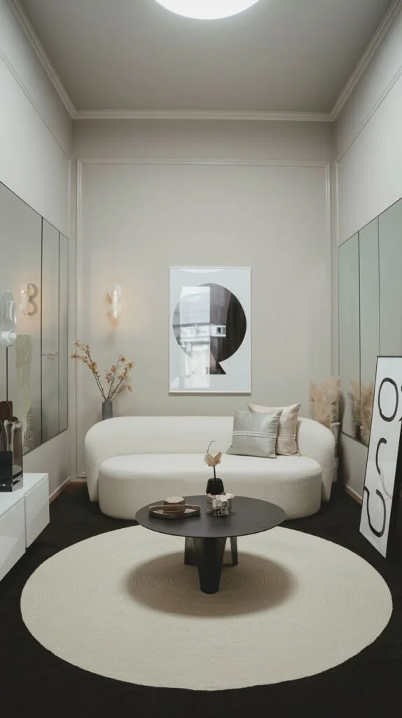 A dazzling contemporary living space in an apartment with a curved white sofa, a round black coffee table, and a large circular cream rug. The room includes a striking abstract artwork and two tall, reflective mirrors on the side walls, enhancing the sense of space.