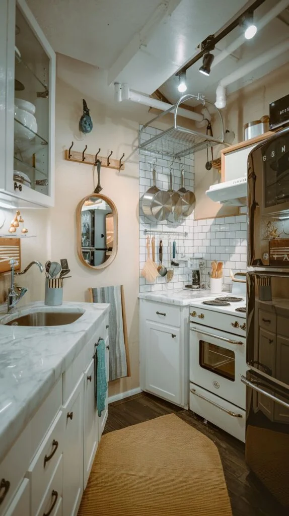 A dazzling compact kitchen in an apartment featuring white upper and lower cabinets, white marble countertops, and white subway tile backsplash. A black retro-style refrigerator stands out, and pots and utensils are neatly organized on wall racks.