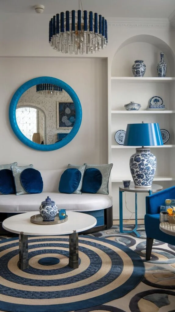 A dazzling vibrant living room in an apartment decorated with a strong blue and white theme. It features a white sofa with blue cushions, a large round blue-framed mirror, and a circular rug with concentric blue and cream patterns. A unique blue chandelier hangs from the ceiling.