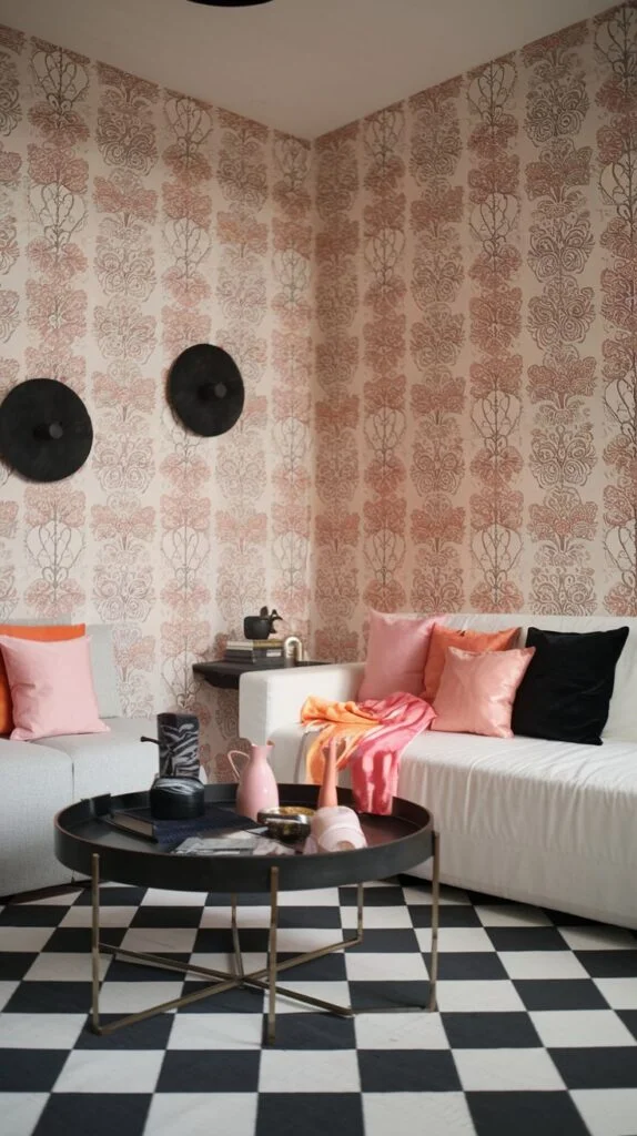 A dazzling stylish living room in an apartment featuring bold, patterned wallpaper in tones of pink and cream. A white sofa with colorful pillows and a striking black and white checkerboard floor create a dynamic interior.