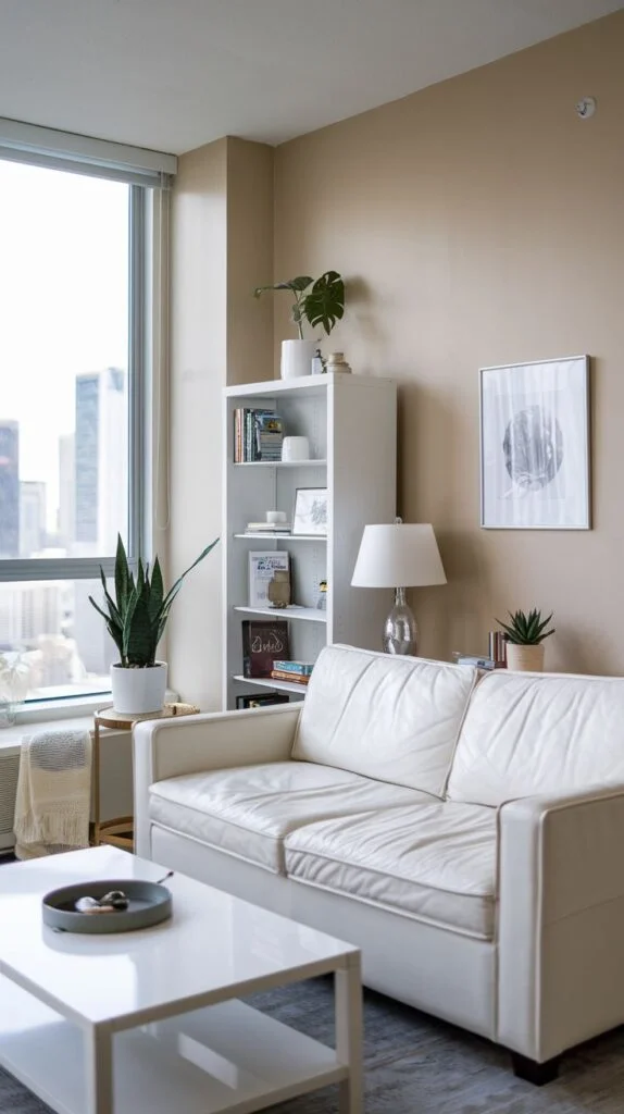 A dazzling bright living room in an apartment with a comfortable white leather sofa, a sleek white coffee table, and a tall white bookshelf filled with books and plants. A large window offers a view of a city skyline.