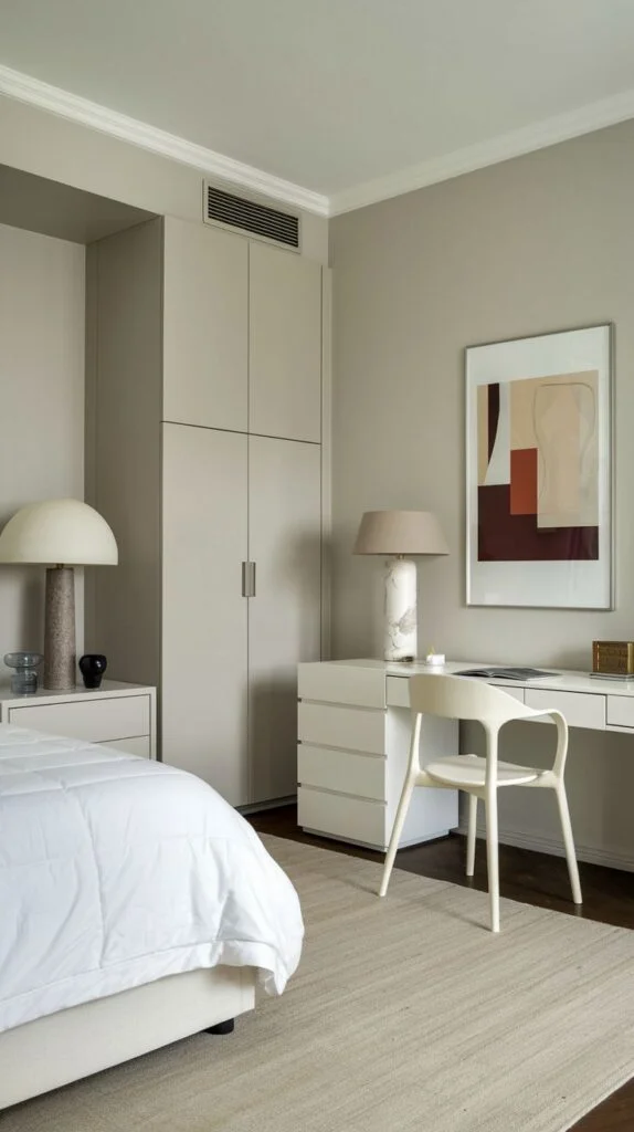 A dazzling minimalist and serene bedroom in an apartment with neutral beige walls and built-in wardrobes. A white bed and a clean white desk with a matching chair are present, accompanied by two large lamps and a framed abstract artwork.