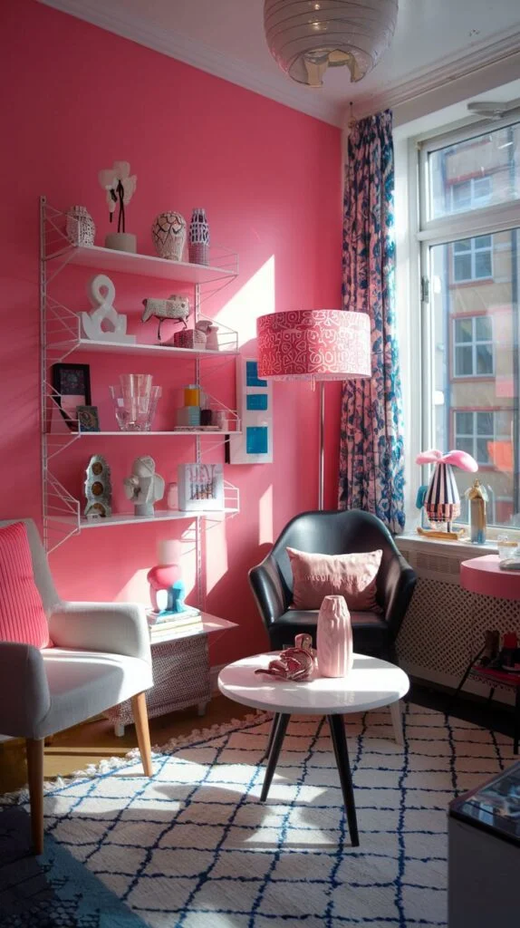 A dazzling vibrant living space in an apartment with eye-catching pink walls. It features a white armchair, a black leather armchair, a small white round coffee table, and a tall pink patterned lamp. A blue and white patterned rug adds another layer of design.