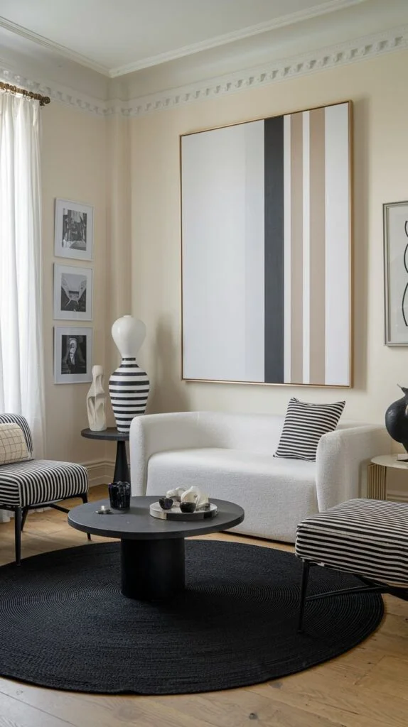A dazzling elegant living room in an apartment decorated in a monochrome palette with cream walls. It has a white textured sofa, two striped armchairs, and a black round coffee table. A large abstract painting with vertical stripes hangs prominently, and a black circular rug grounds the space.