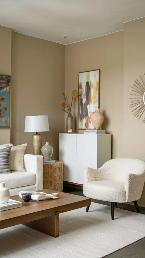 A dazzling cozy living room in an apartment with warm beige walls, a white sofa, a white bouclé armchair, and a wooden coffee table. Decorative elements include abstract art, a unique pink pig-shaped vase, and various textures.