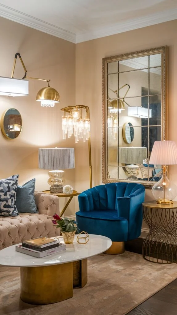 A dazzling opulent living room in an apartment with warm beige walls and luxurious gold accents throughout. A tufted beige sofa and a striking blue velvet armchair are focal points, surrounded by ornate lighting fixtures, mirrors, and decorative side tables.