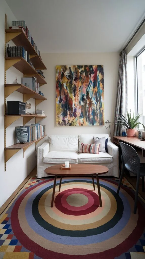 A dazzling cozy and well-organized living room in an apartment with extensive wall-mounted wooden shelves filled with books. A white sofa, a wooden coffee table, and a large, colorful circular rug with concentric rings create a warm and inviting space.