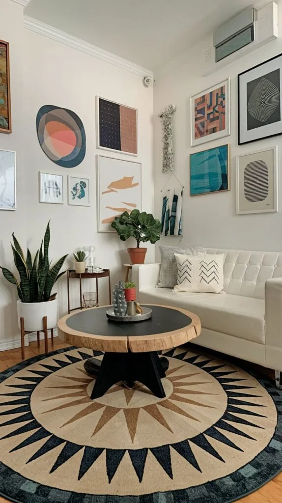 A dazzling visually rich living room in an apartment with a white sofa and a distinctive round wooden coffee table with a black base. The room is anchored by a large circular rug featuring a striking geometric sunburst pattern. Numerous framed artworks and plants adorn the white walls.