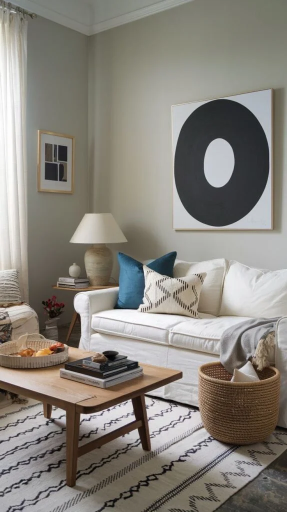 A dazzling serene living room in an apartment with light sage green walls. It features a comfortable white slipcovered sofa, a wooden coffee table, and a large abstract artwork depicting a black circle on a white background. A patterned rug and a woven basket add warmth and texture.