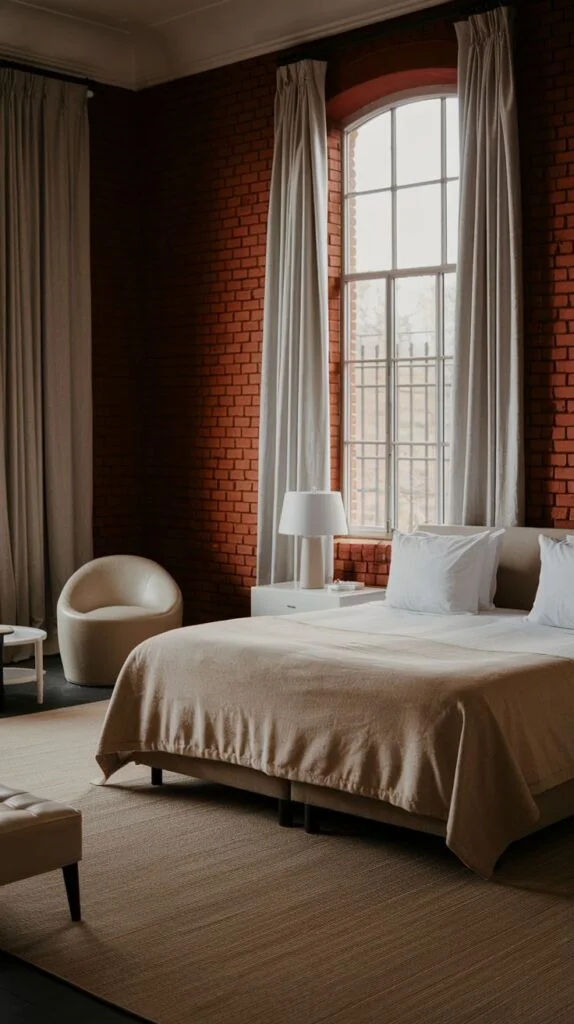 Bedroom featuring exposed brick wall, arched window with light curtains, and neutral bedding.