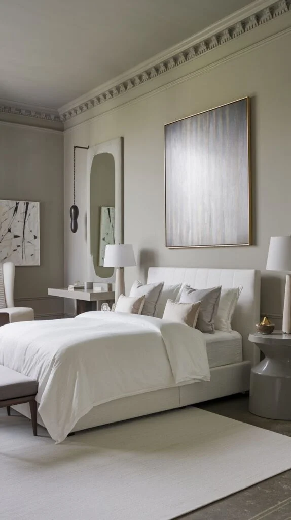 Minimalist bedroom with white bed, light grey walls, and subtle artwork for a serene feel.