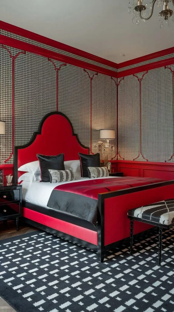 Bedroom with bold red bed frame, black and white checkered wallpaper, and red paneled walls.