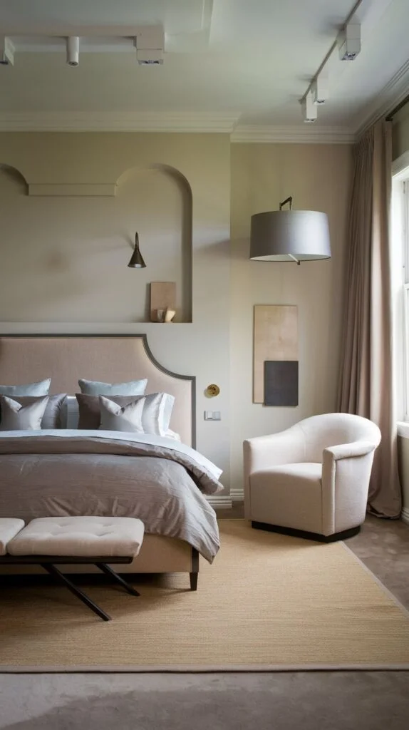 Elegant bedroom with beige upholstered headboard, matching bench, and built-in wall niches.
