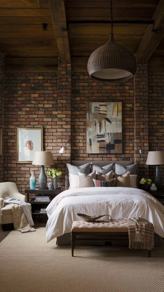 Bedroom with exposed brick walls, wooden beams, and natural textures in bedding and decor.
