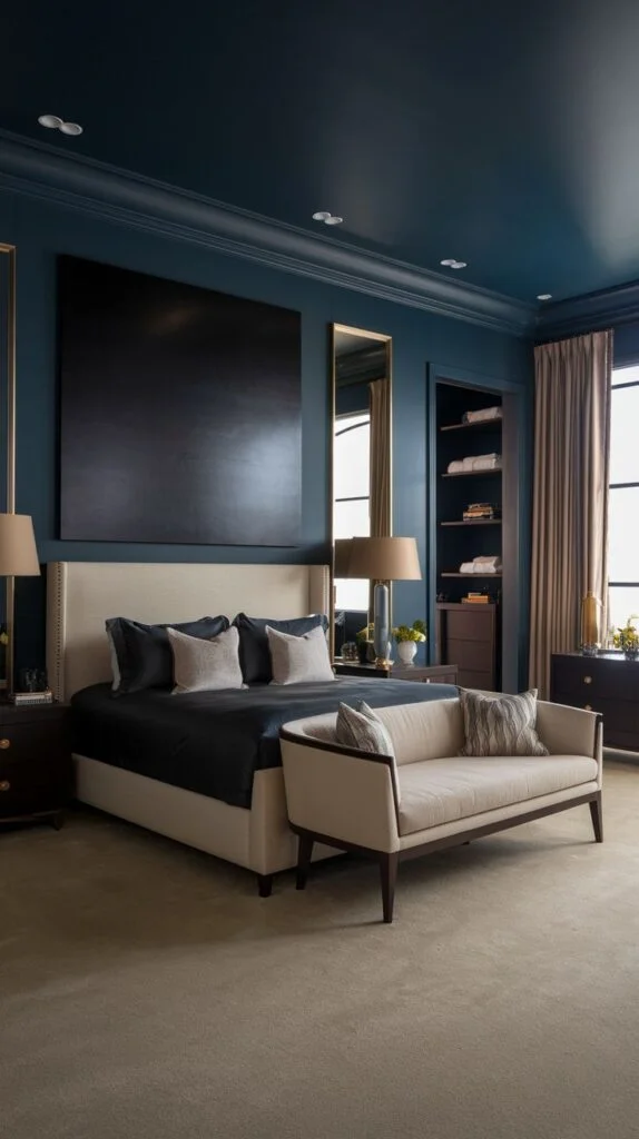 Elegant bedroom with navy walls, light upholstered bed, and mirrored accents.