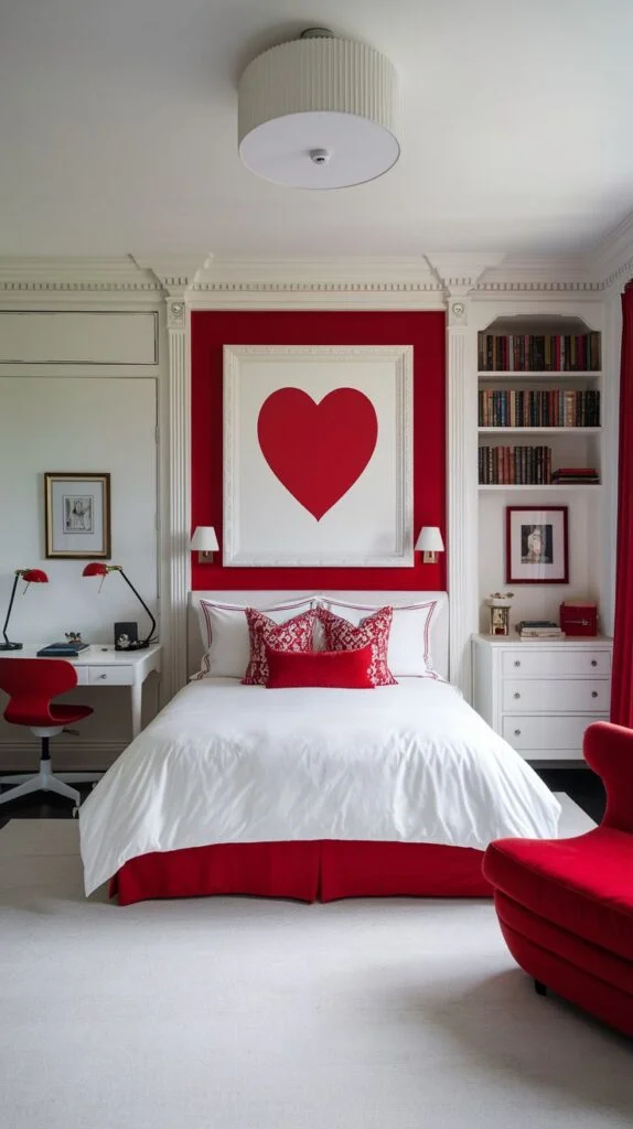 Charming bedroom with red heart artwork, red bedding, and white walls.