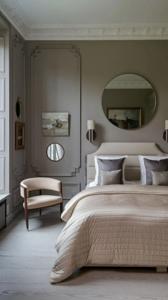 Serene bedroom with grey walls, beige upholstered bed, and circular mirrors.