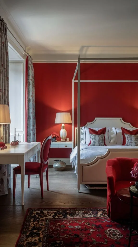 Classic bedroom with bold red walls, white four-poster bed, and red chair.