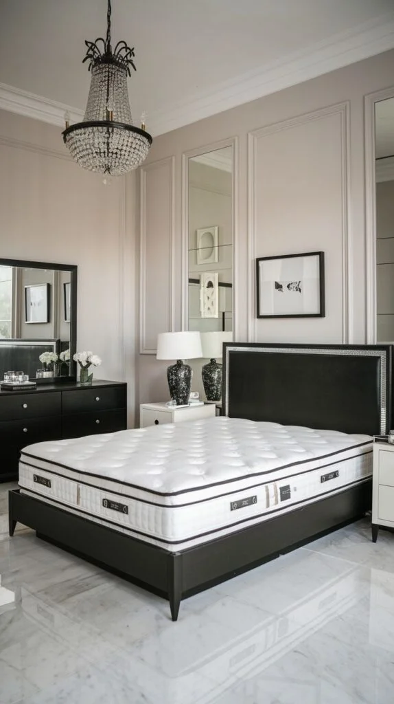 Luxurious bedroom with black bed frame, patterned mattress, and crystal chandelier.