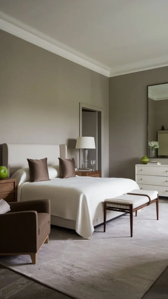Inviting bedroom with warm neutrals, white upholstered bed, bench, and brown armchair.