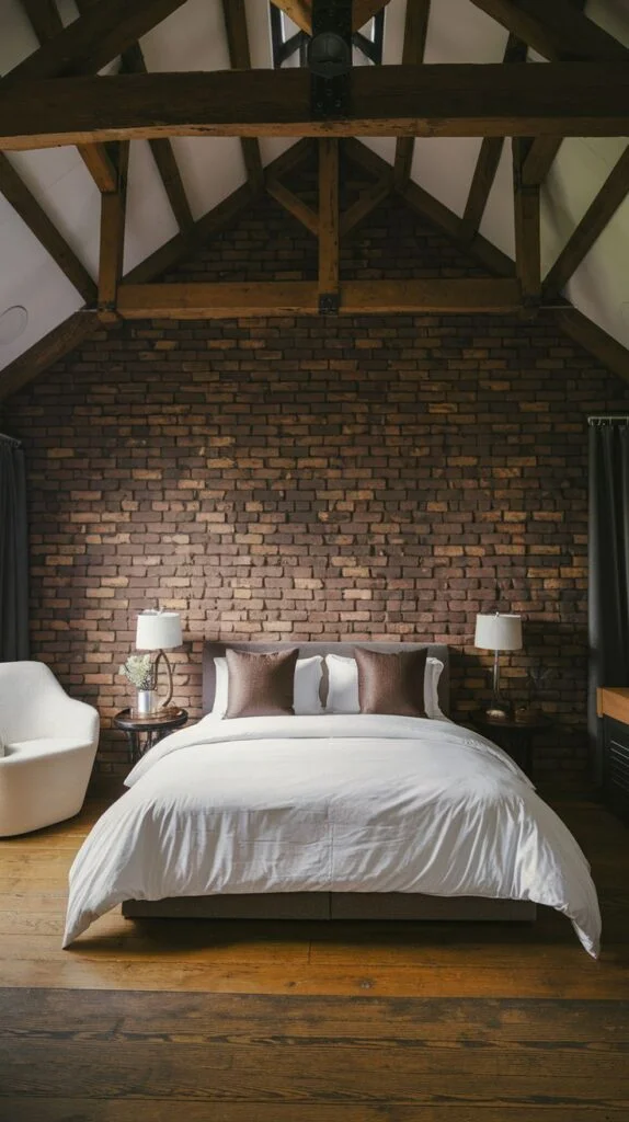 Bedroom with exposed brick walls, vaulted wooden beam ceiling, and simple white bed.