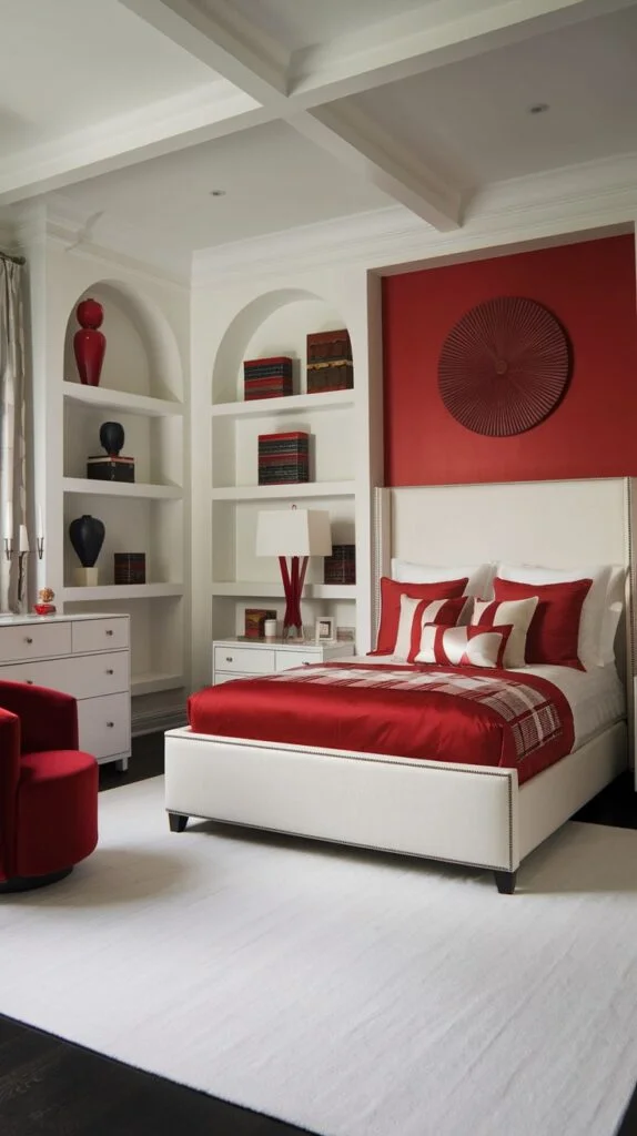 Bedroom with red accent wall, white built-in shelving, and red and white plaid bedding.