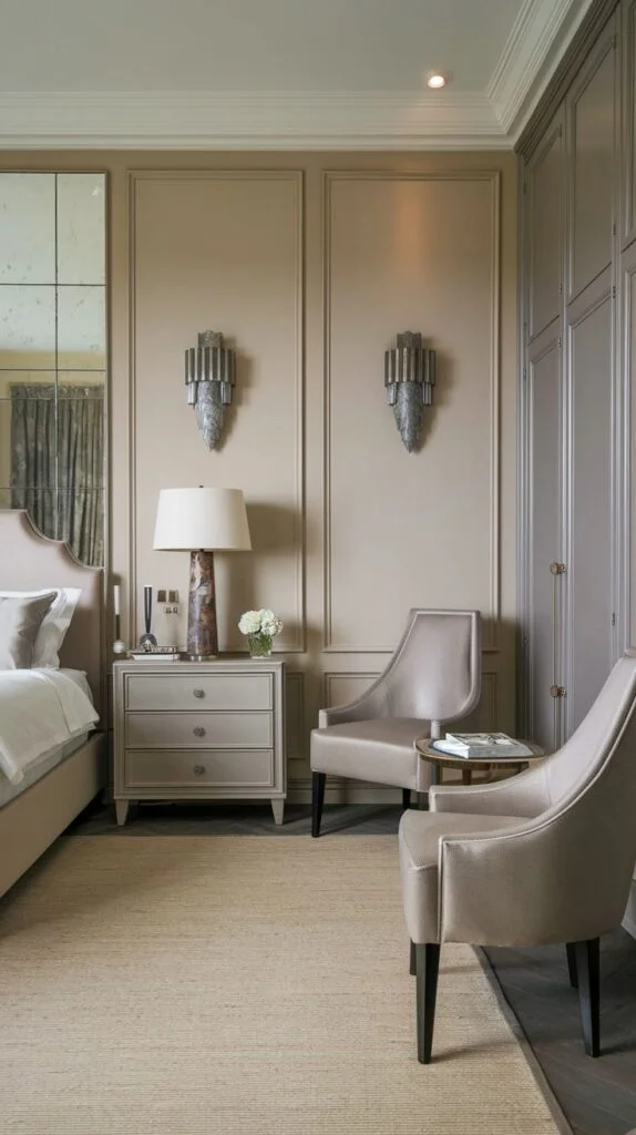 Bedroom with mirrored wall, beige paneled walls, elegant sconces, and upholstered chairs.